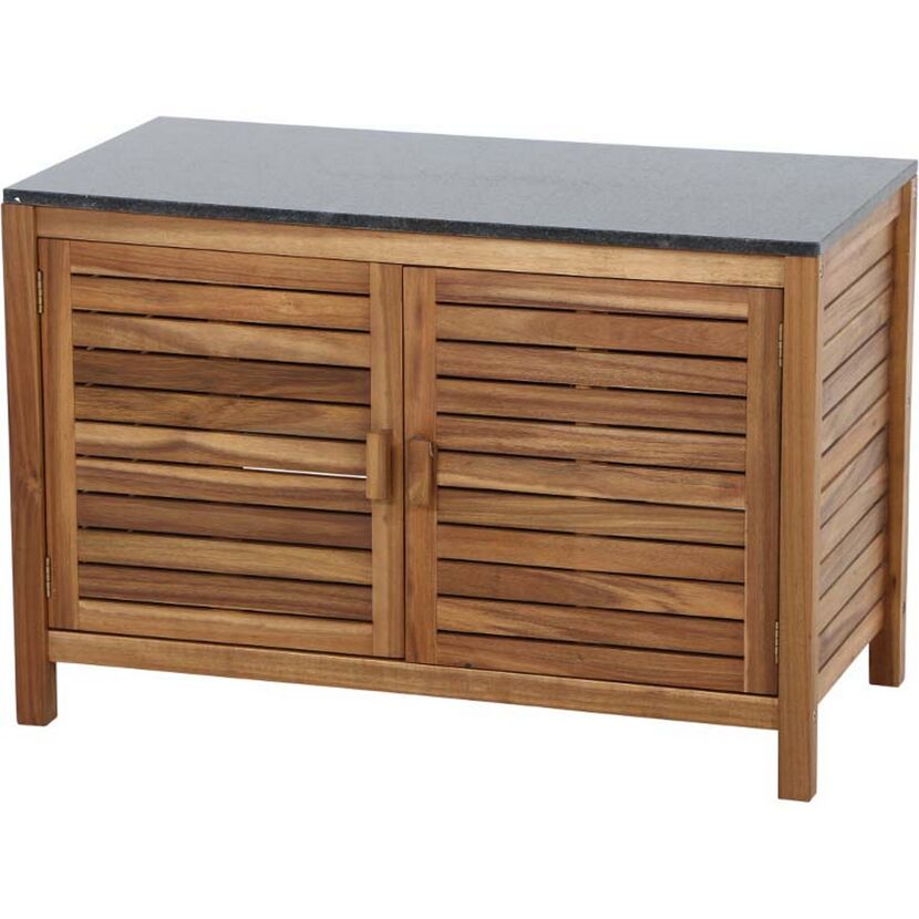 Holzschrank mit grauer Granitplatte und Jalousietüren