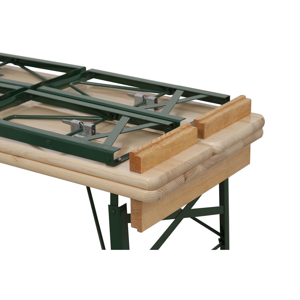 Nahaufnahme einer Tischhalterung aus Metall und Holz.