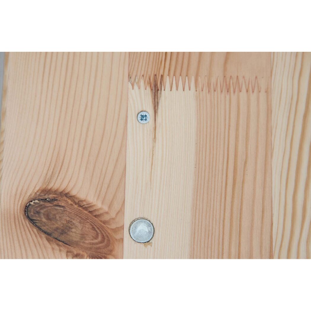 Nahaufnahme einer Holzplatte mit Metallstift und Schraube