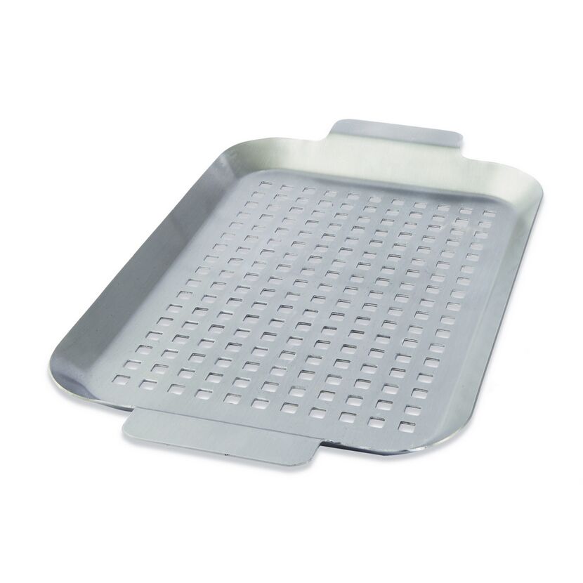 Kleine Grillplatte aus Metall mit quadratischen Löchern.