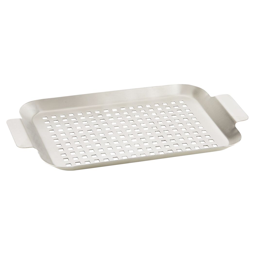 Kleine Grillplatte aus Metall mit quadratischen Löchern.