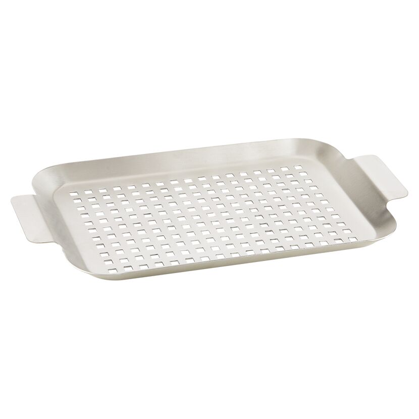 Kleine Grillplatte aus Metall mit quadratischen Löchern.