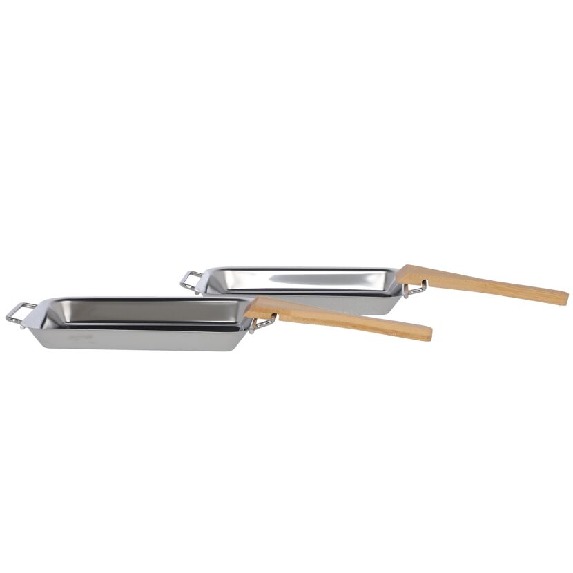 Zwei Grillpfännchen mit Holzgriffen