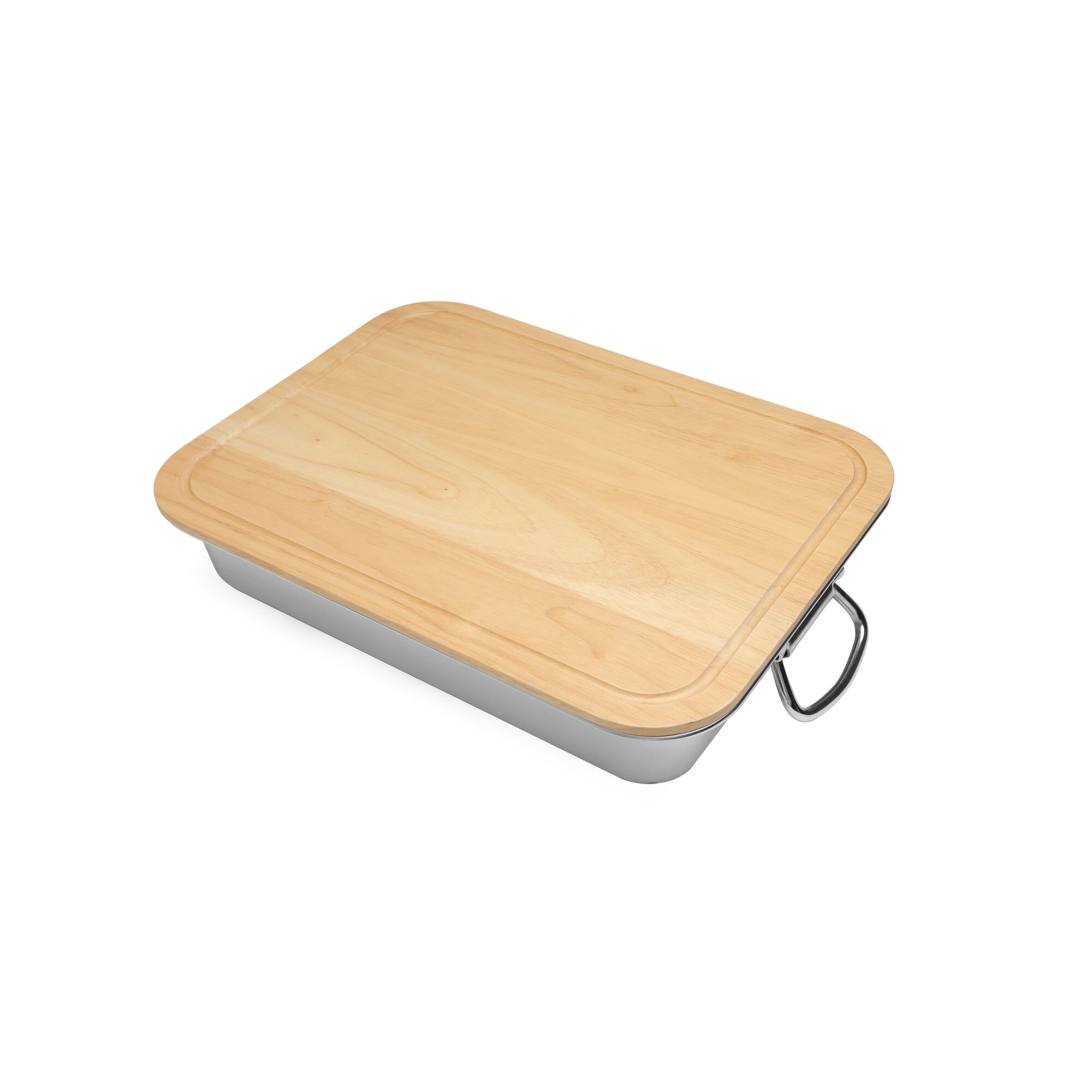 Metallbehälter mit Holzdeckel.