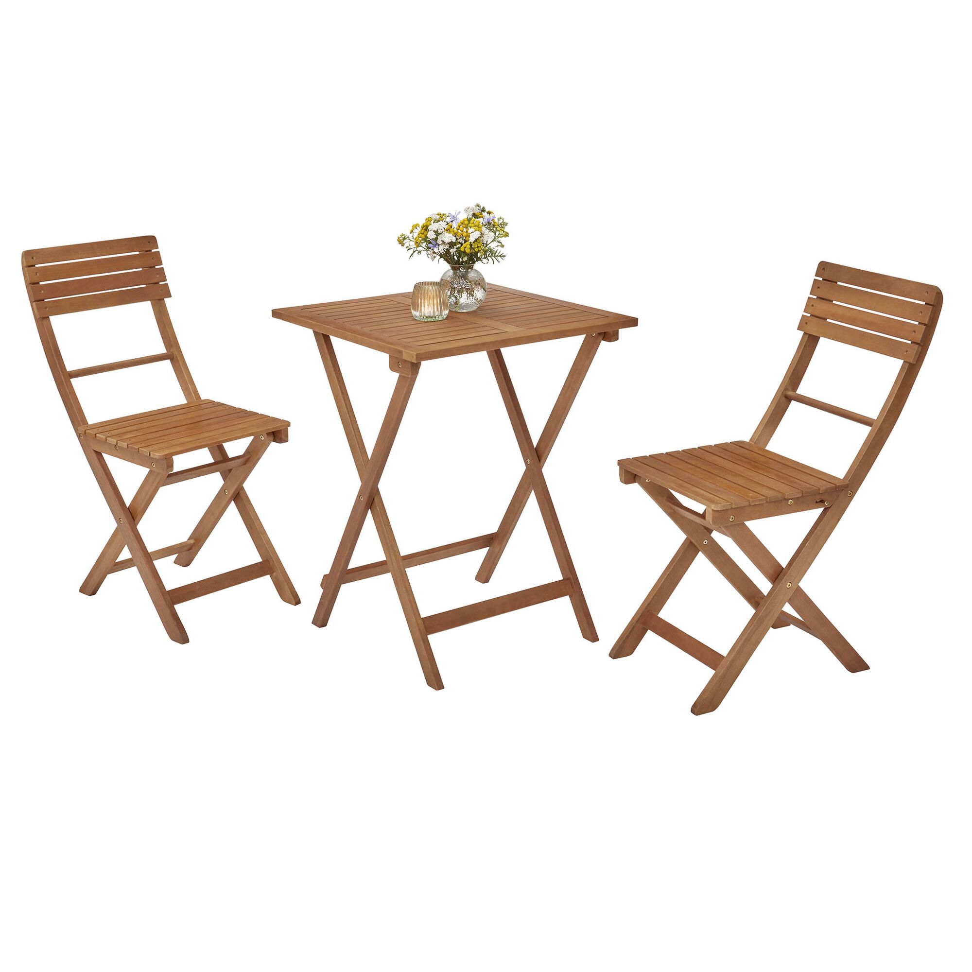 Klappbarer Holztisch mit zwei Stühlen