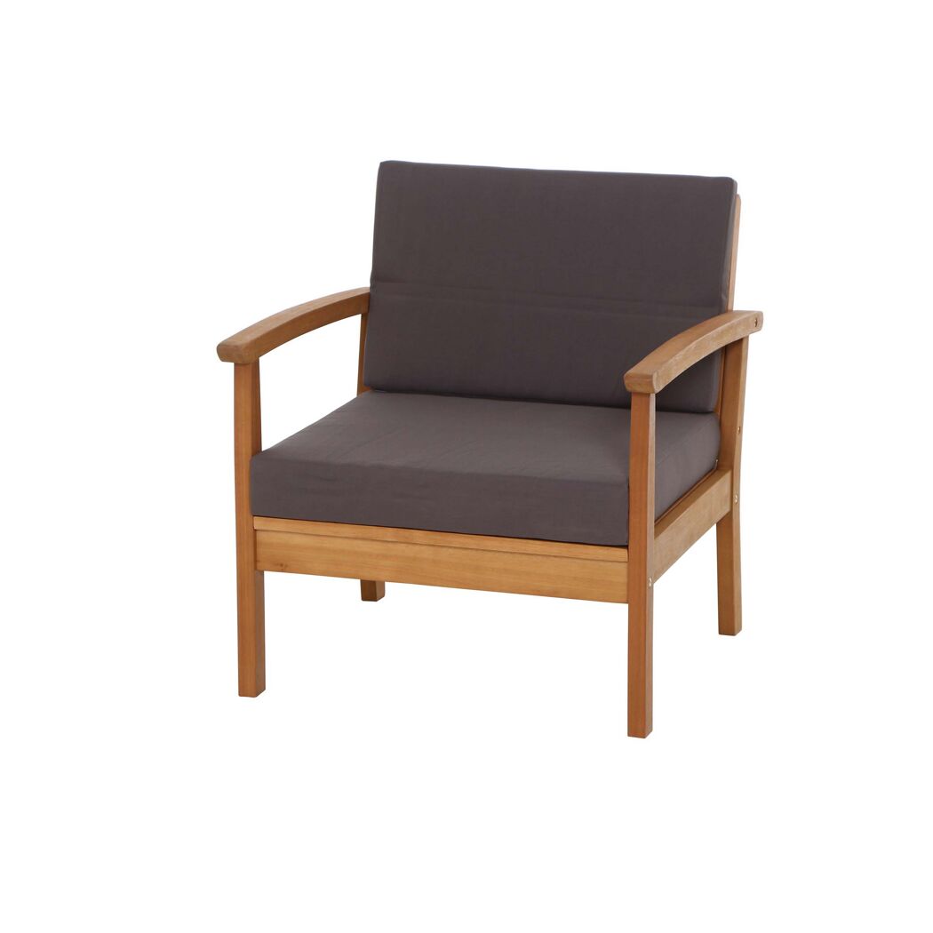 Lounge Sessel Tavira aus Eukalyptus Holz mit grauen Kissen