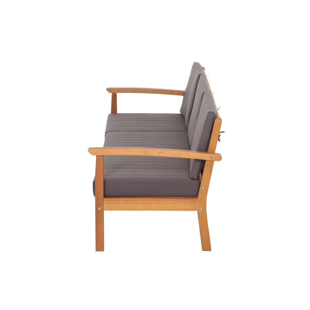 Holz Gartensofa mit grauen Kissen, Seitenansicht