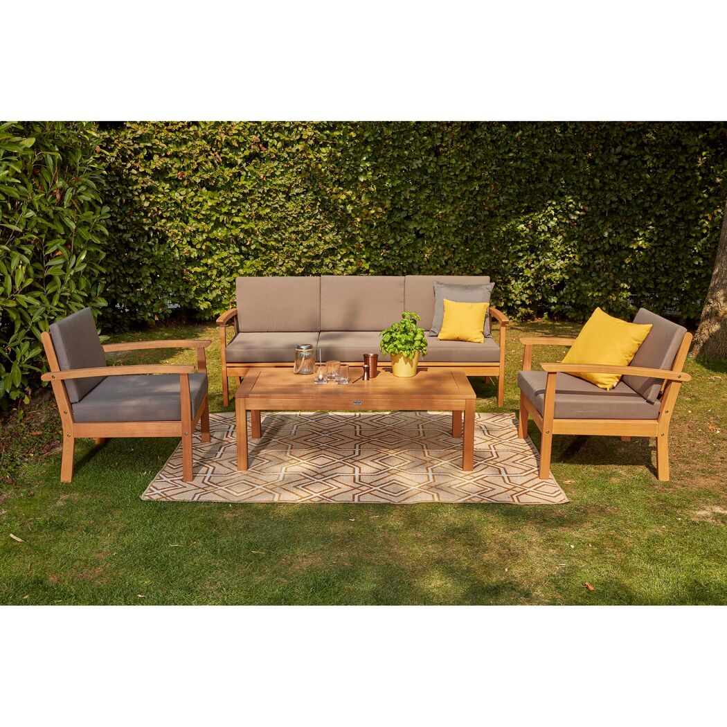Gartenmöbel Set aus Holz mit grau-gelben Kissen