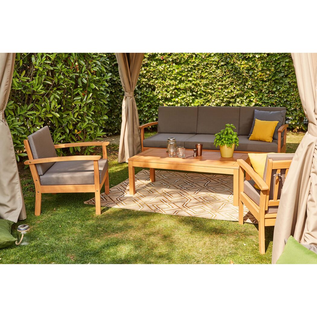 Gartenmöbel-Set aus Holz mit grauen Polstern und gelben Kissen
