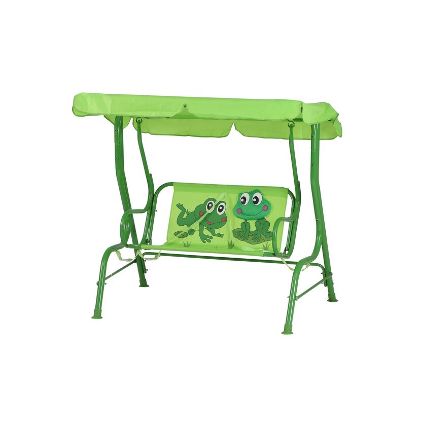 Grüne Kinderschaukel mit Froschmotiv und Sonnendach
