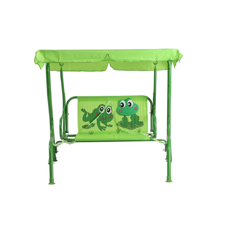 Grüne Kinderschaukel mit Froschmotiv und Sonnendach
