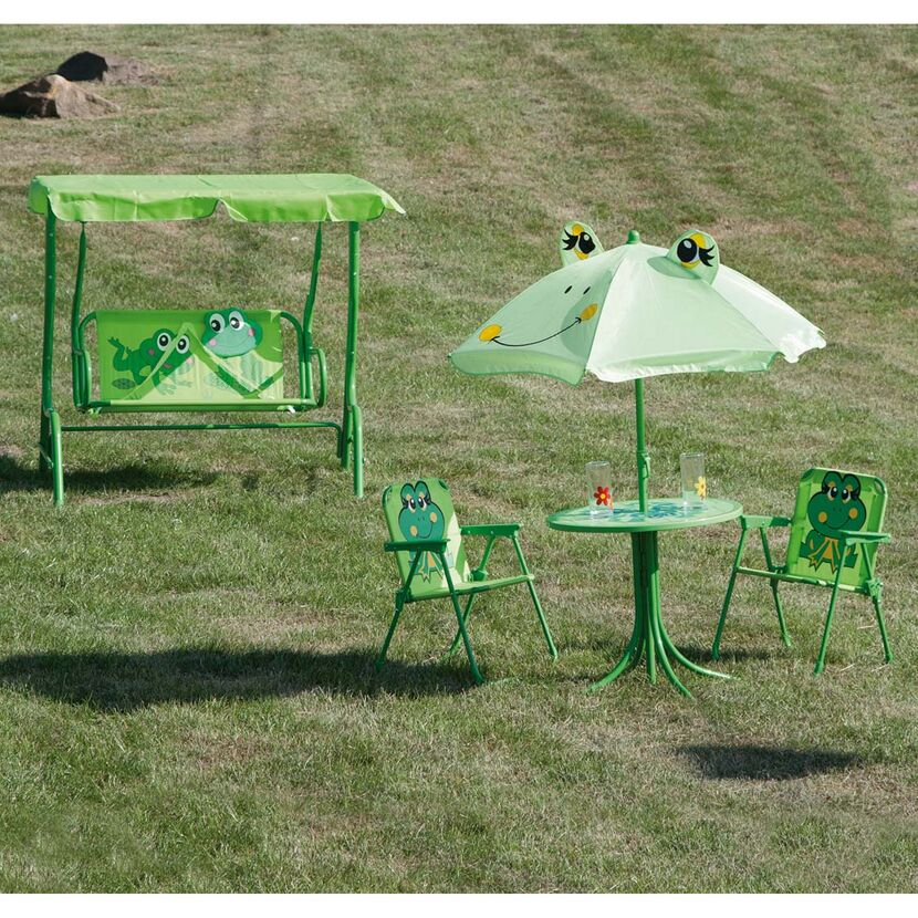 Grüne Kinderschaukel, -tisch und -stühle mit Froschmotiv im Garten