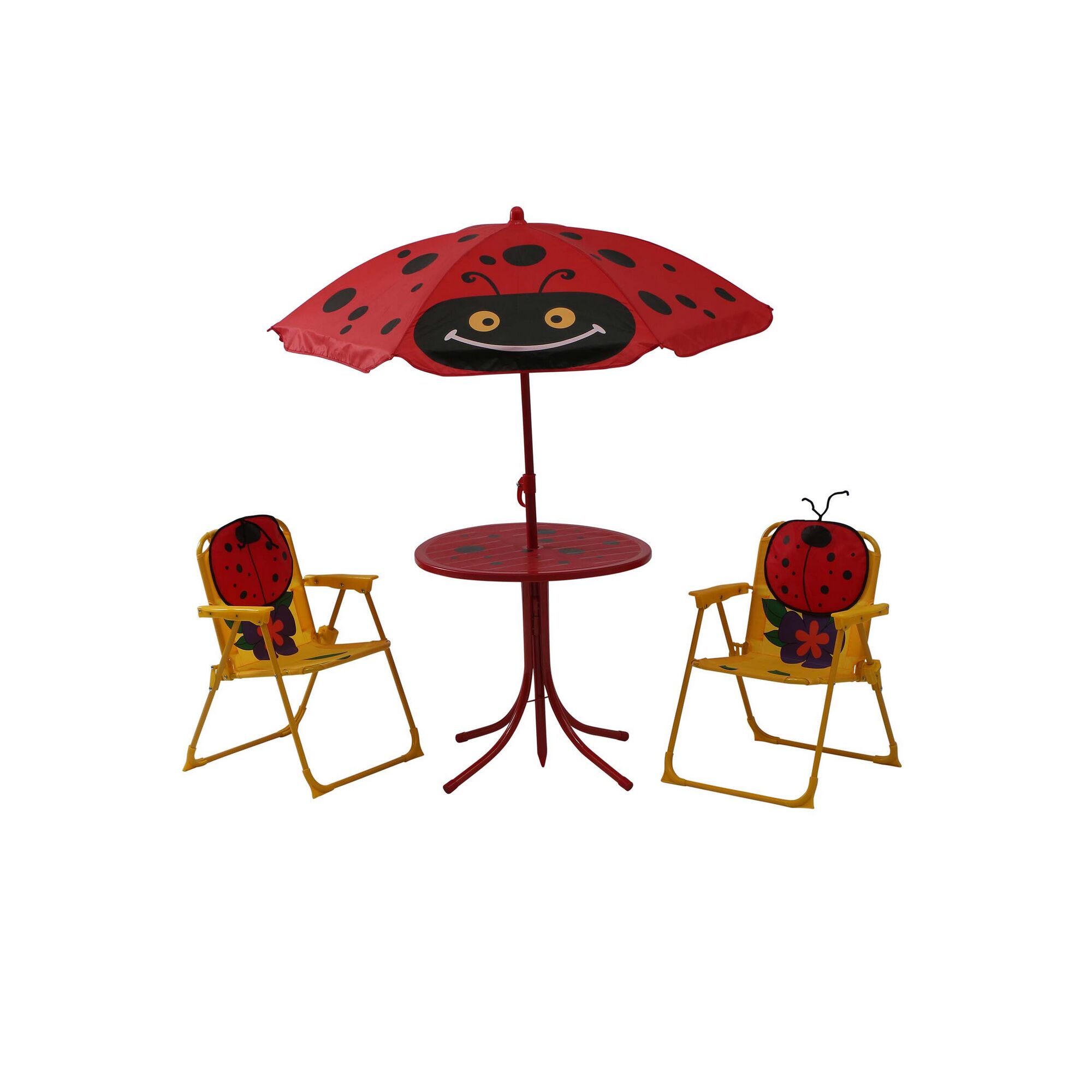 Kinder-Gartentisch mit Stühlen und Sonnenschirm, Marienkäfer-Motiv
