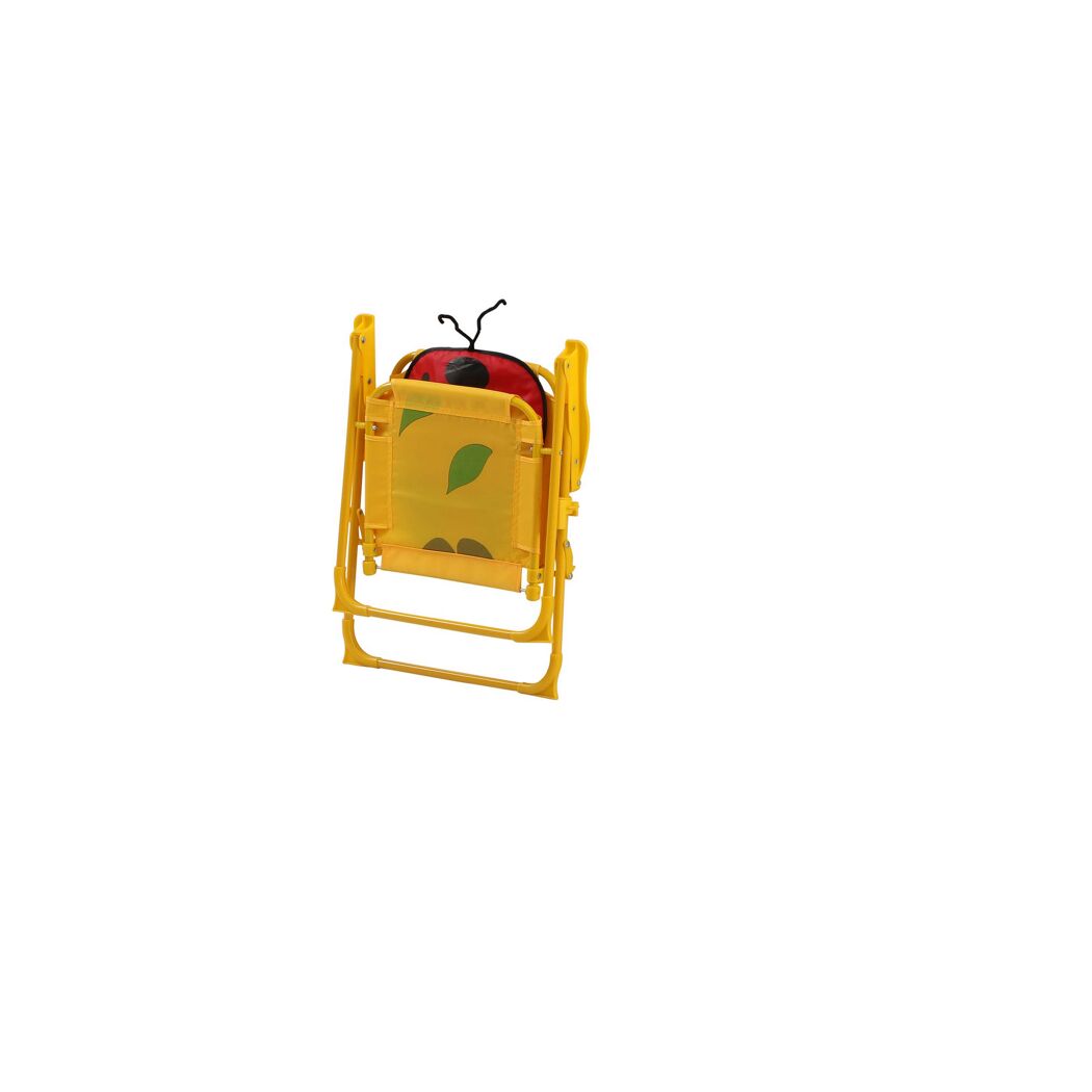 Gelber Kinderklappstuhl mit Marienkäfer-Motiv von hinten