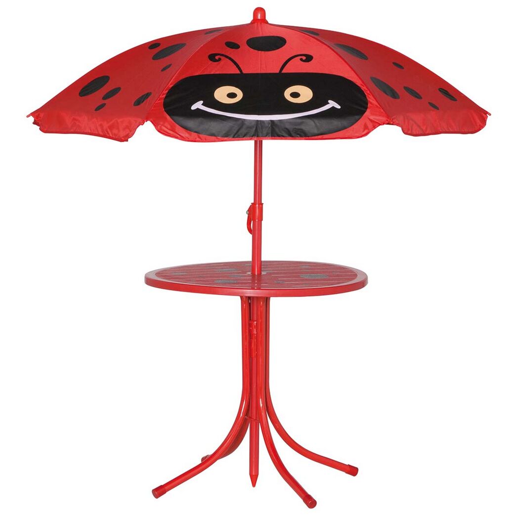 Roter Kindertisch mit Marienkäfer-Sonnenschirm