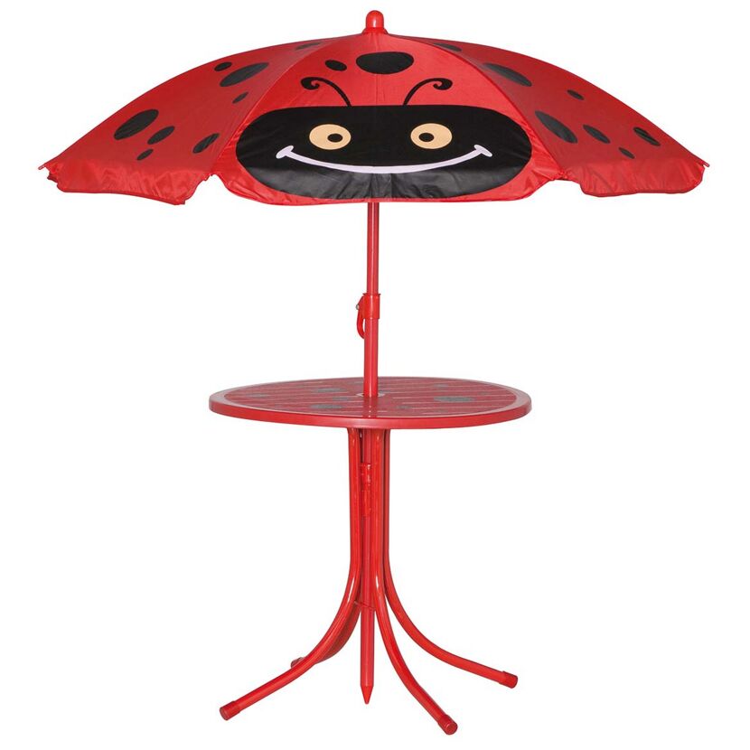 Roter Kindertisch mit Marienkäfer-Sonnenschirm