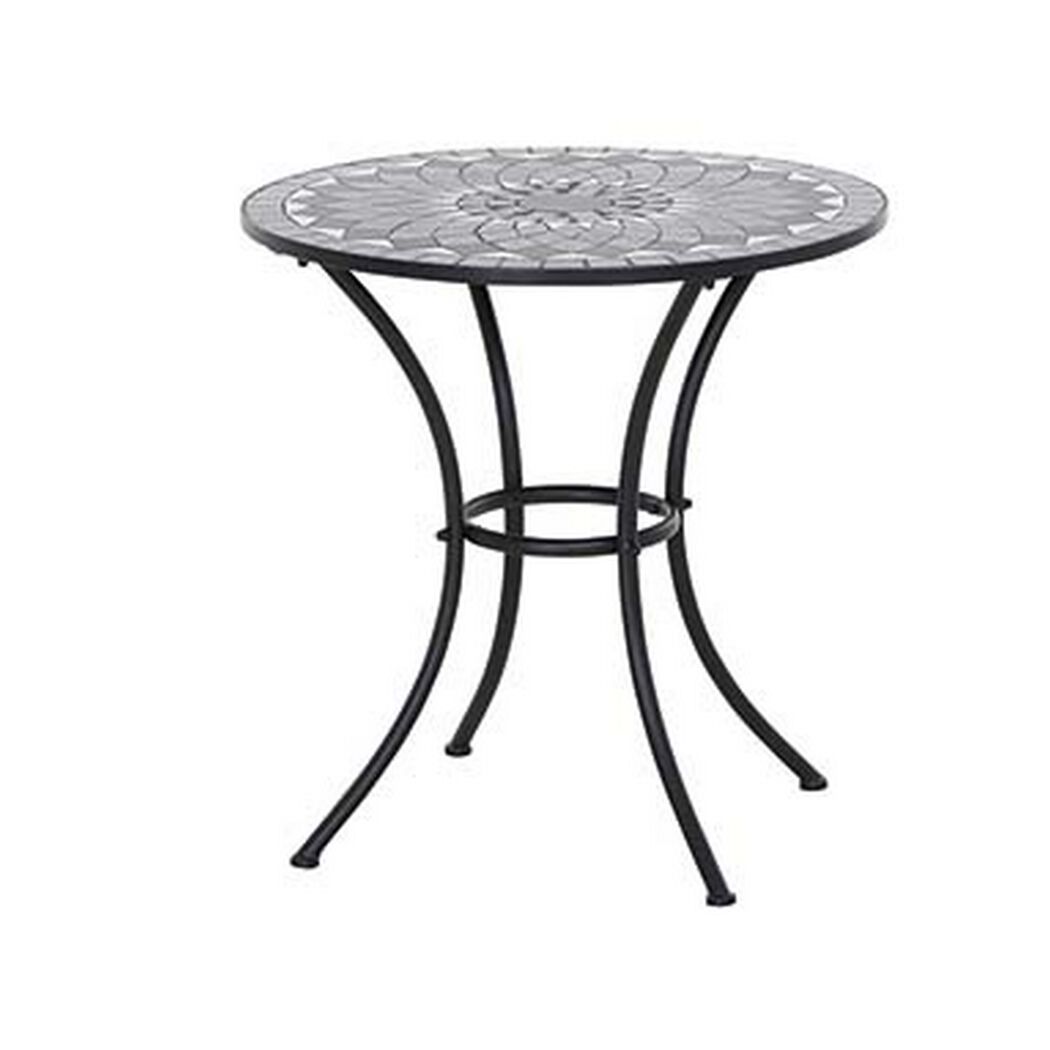 Runder Mosaiktisch mit schwarzem Metallgestell.