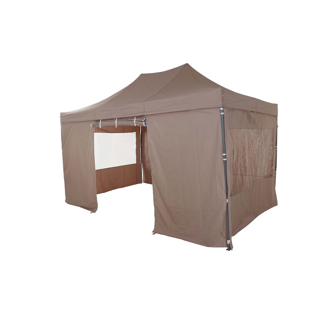 Taupefarbener Pavillon mit 3 Wänden und einer Fensterwand