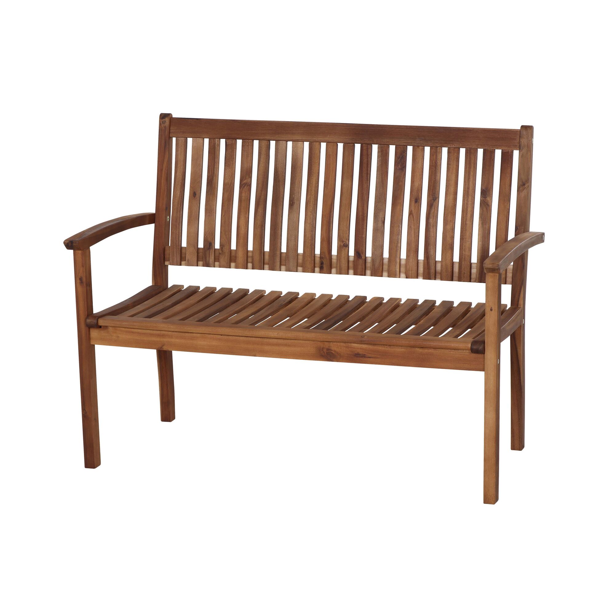 Holzbank mit Armlehnen und Lattenlehne und -sitzfläche