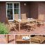 Gartenmöbel-Set aus Holz mit vier Stühlen, einem Tisch und einem kleinen Beistelltisch.