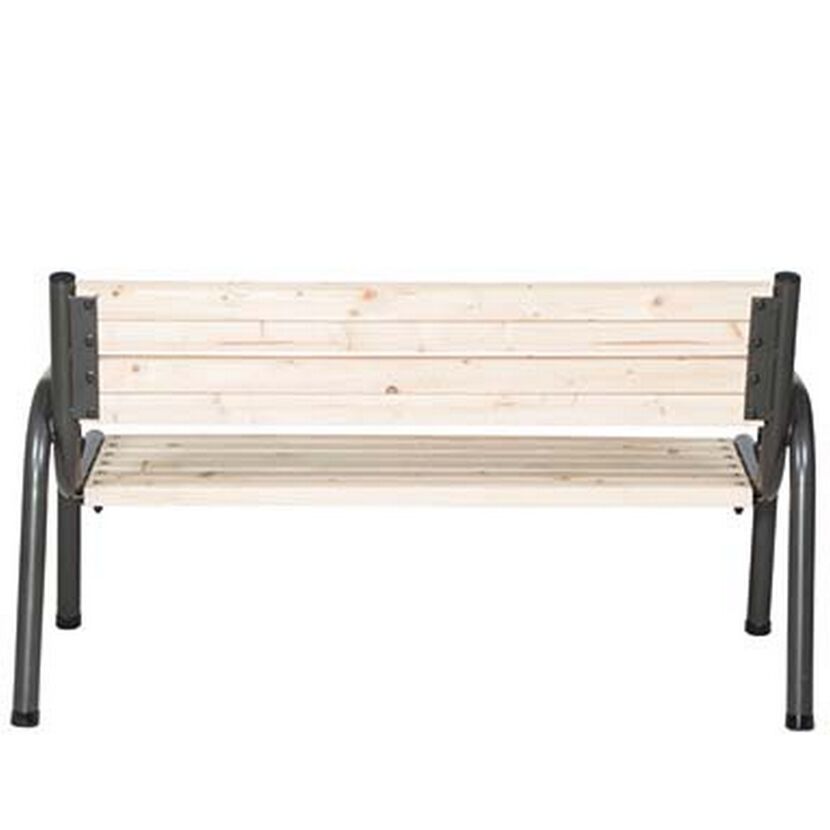 Holzbank mit grauen Metallbeinen