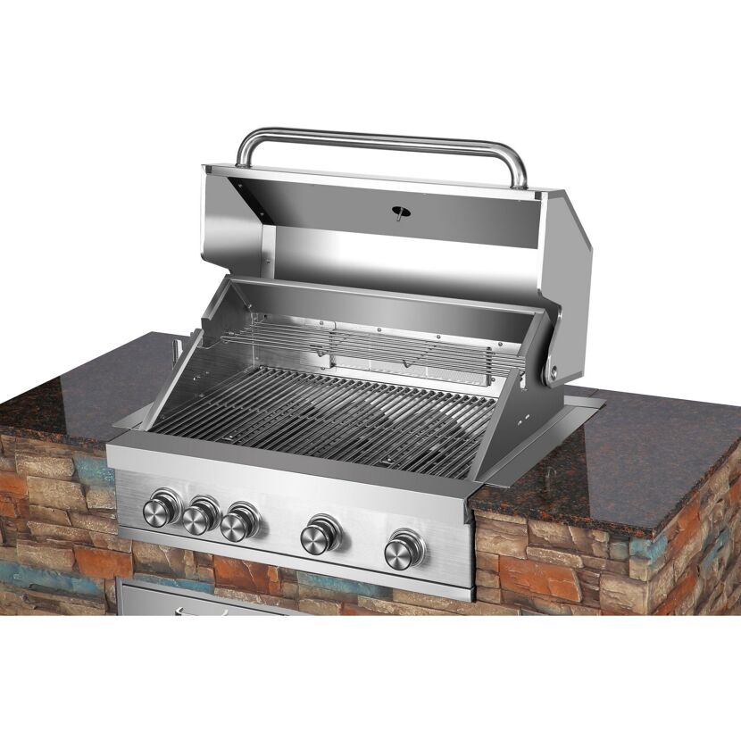 Geöffneter Grill mit vier Drehreglern.