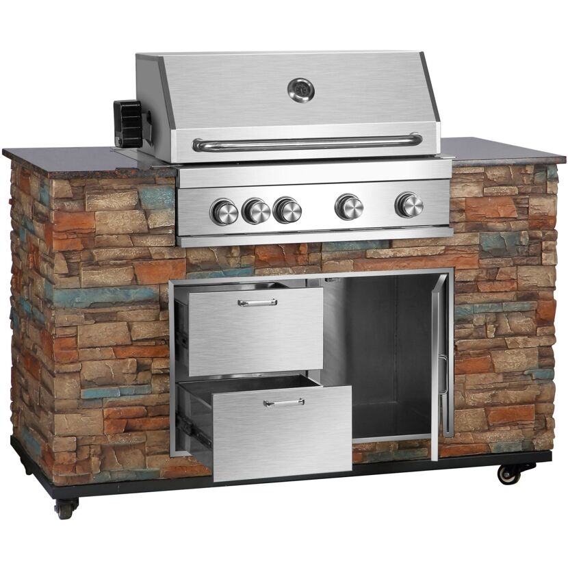 Gasgrill mit Steinfassade und Schubladen