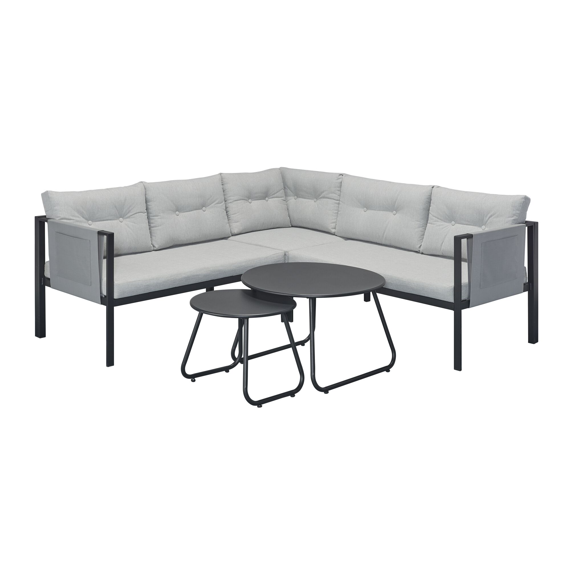 Graues Ecksofa mit zwei schwarzen Tischen