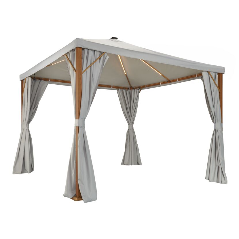 Pavillon mit Solarbeleuchtung und grauen Vorhängen