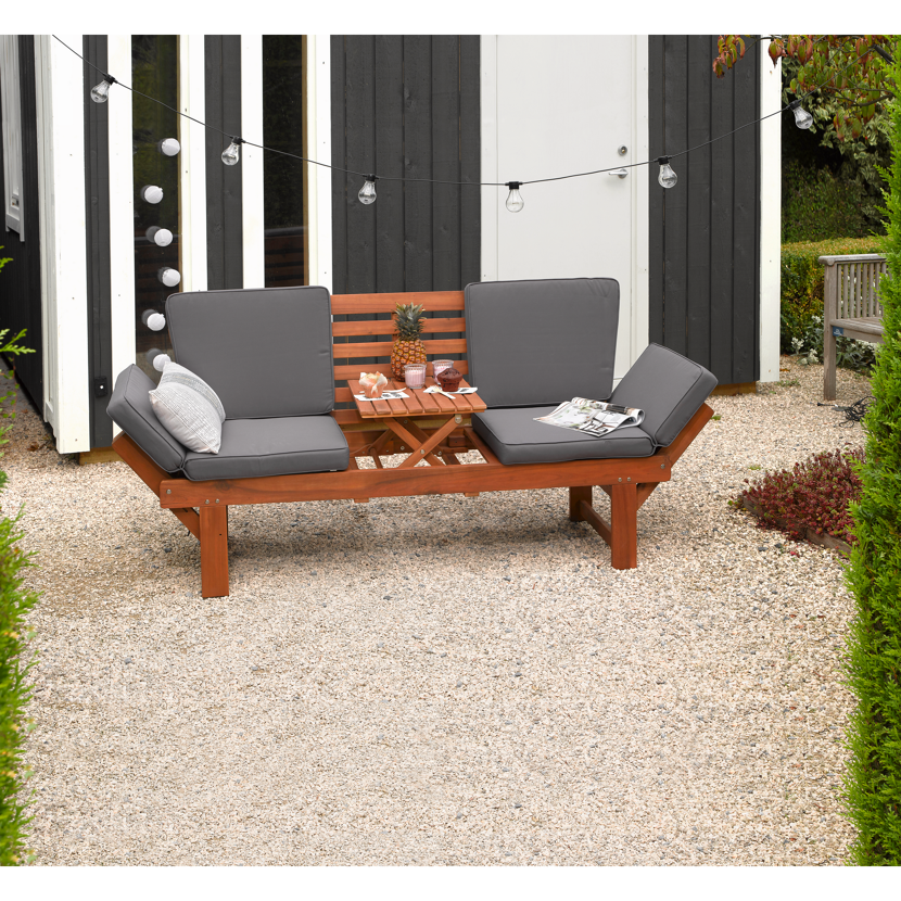 Gartenbank Henrike mit Tisch und grauen Kissen
