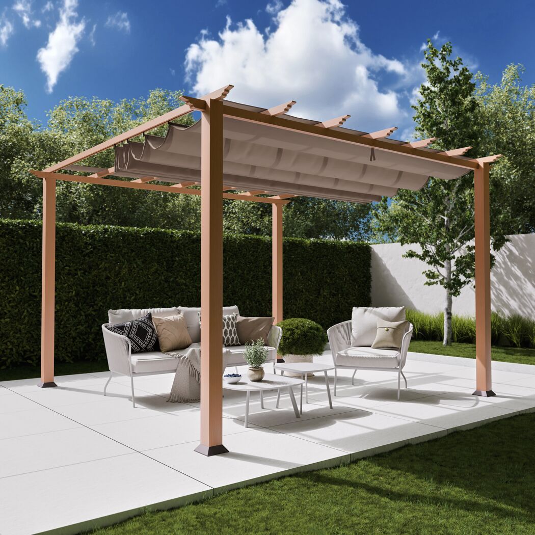 Pergola 'Florida 11 x 11' Aluminium Holzoptik mit Sonnensegel 350 x 350 x 235 cm