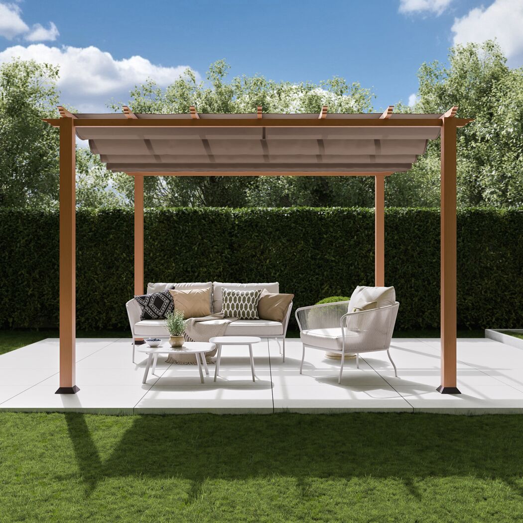 Pergola 'Florida 11 x 11' Aluminium Holzoptik mit Sonnensegel 350 x 350 x 235 cm