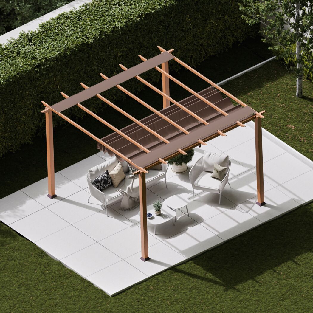 Pergola 'Florida 11 x 11' Aluminium Holzoptik mit Sonnensegel 350 x 350 x 235 cm