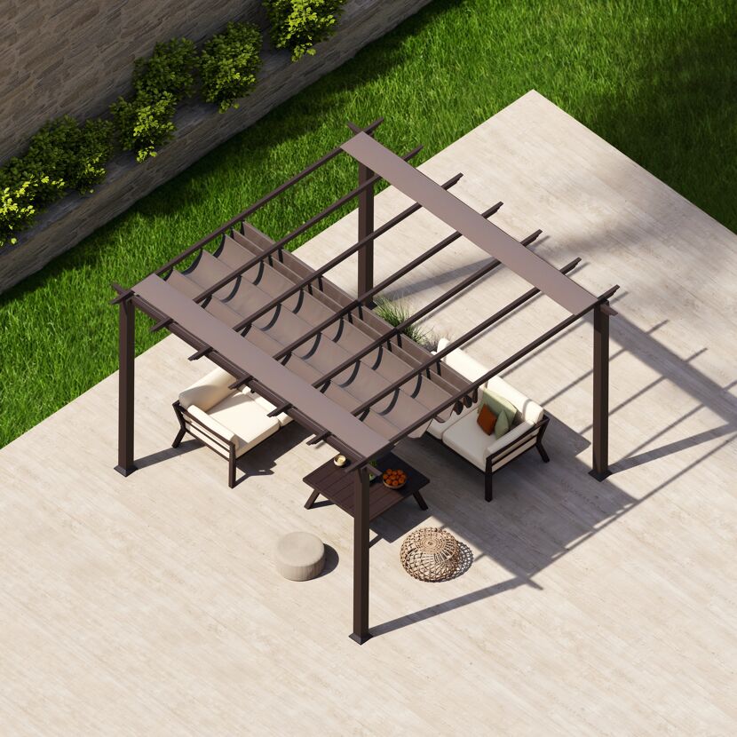 Pavillon Florida braun mit Gartenmöbeln und Sonnenschutz