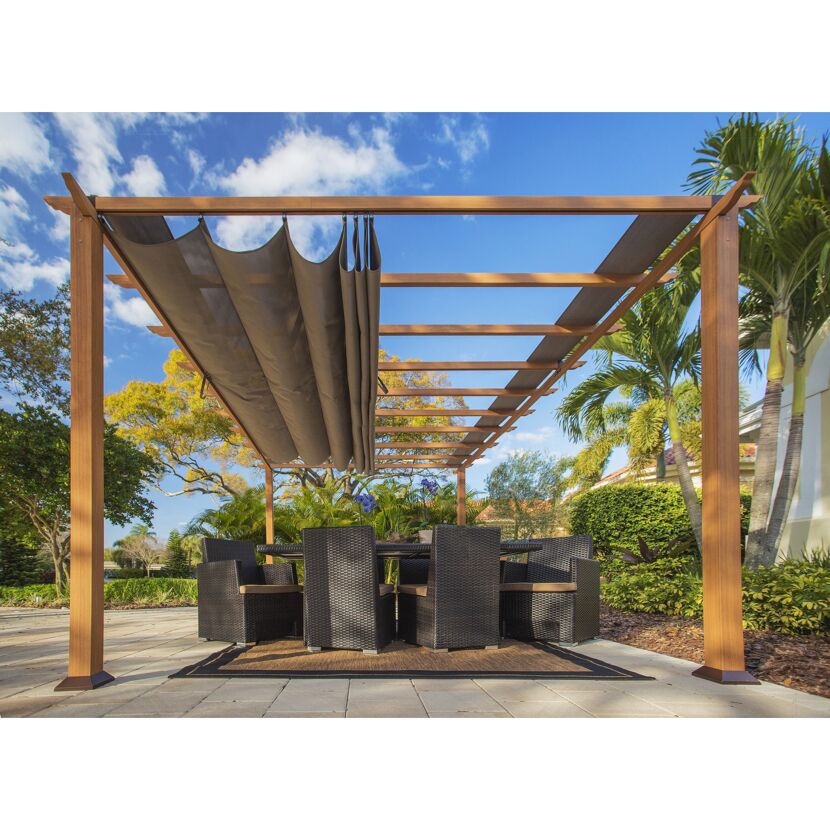 Pergola 'Florenz' Aluminium Holzoptik mit Sonnensegel 350 x 505 x 236 cm