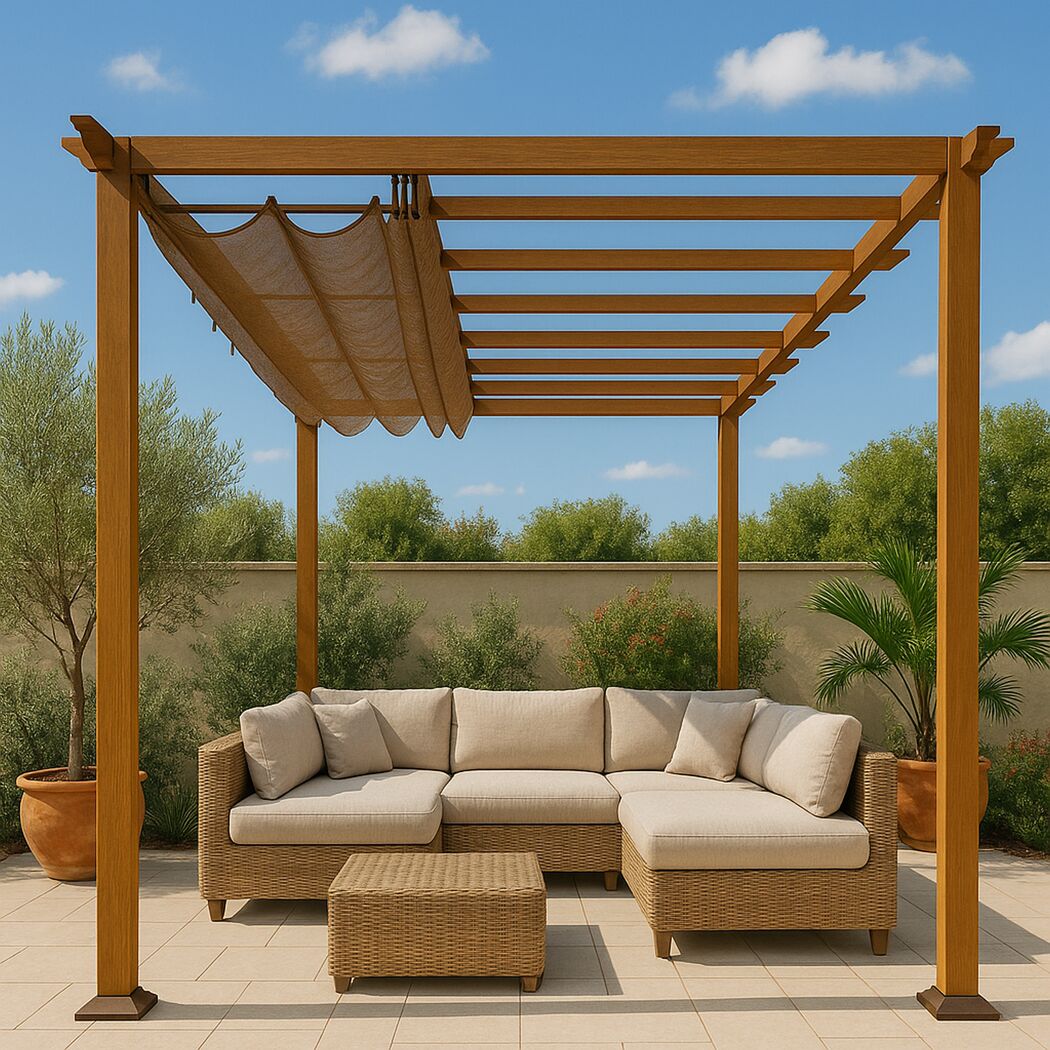 Pergola 'Florenz' Aluminium Holzoptik mit Sonnensegel 350 x 505 x 236 cm
