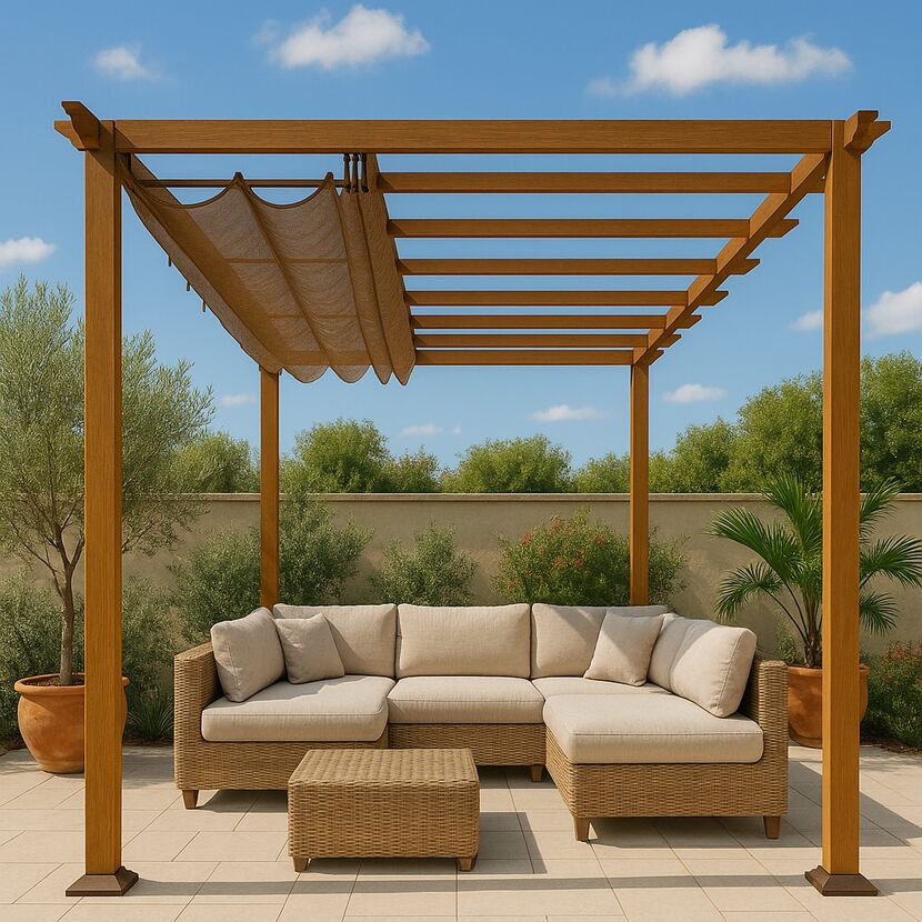 Pergola 'Florenz' Aluminium Holzoptik mit Sonnensegel 350 x 505 x 236 cm