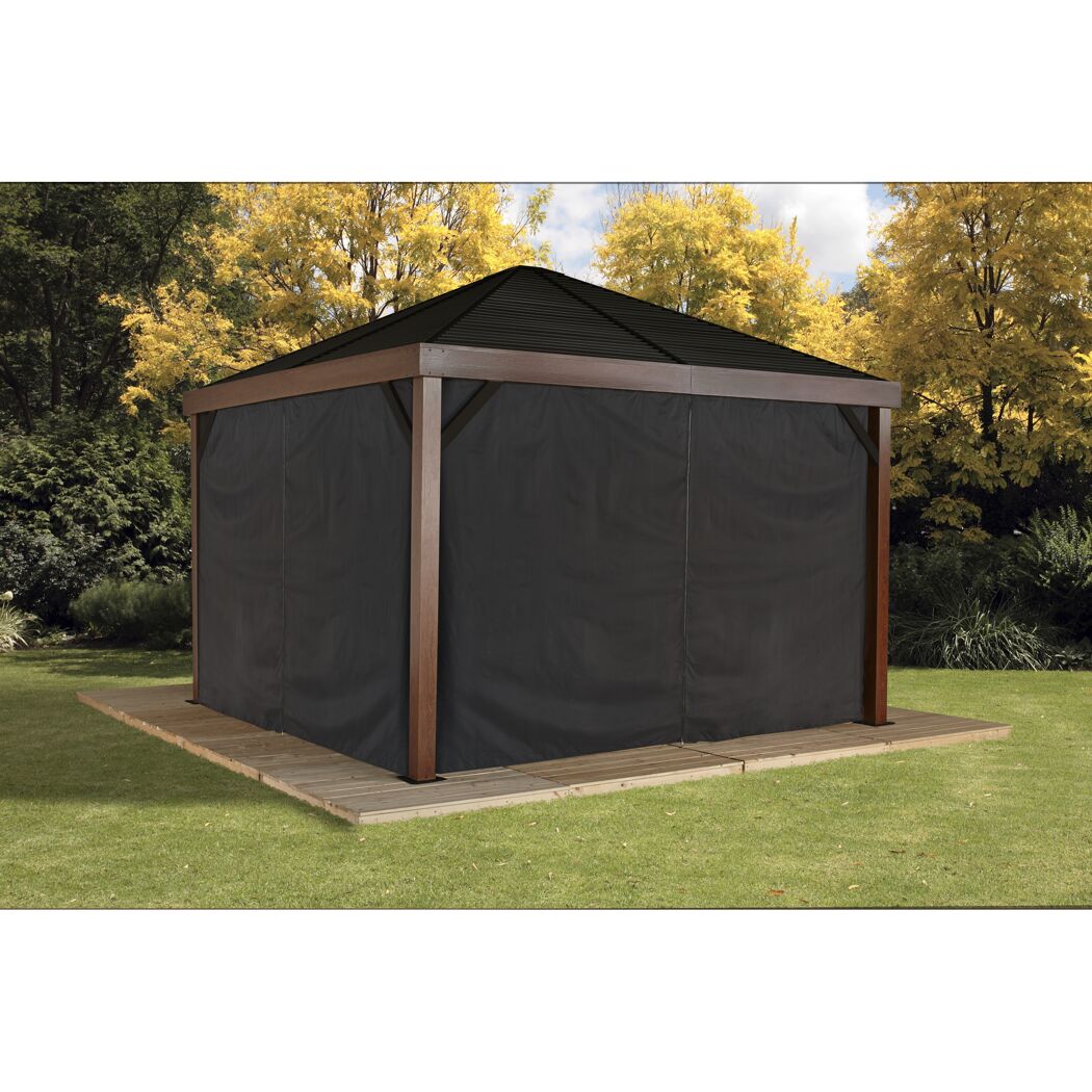 Pavillon Valencia mit dunkelgrauen Vorhängen