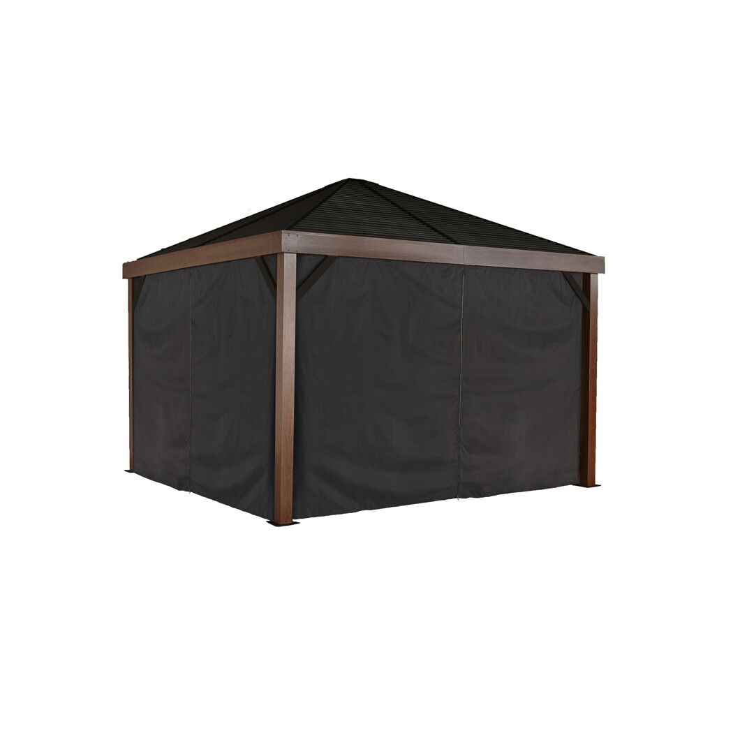 Pavillon Valencia mit dunkelgrauen Vorhängen