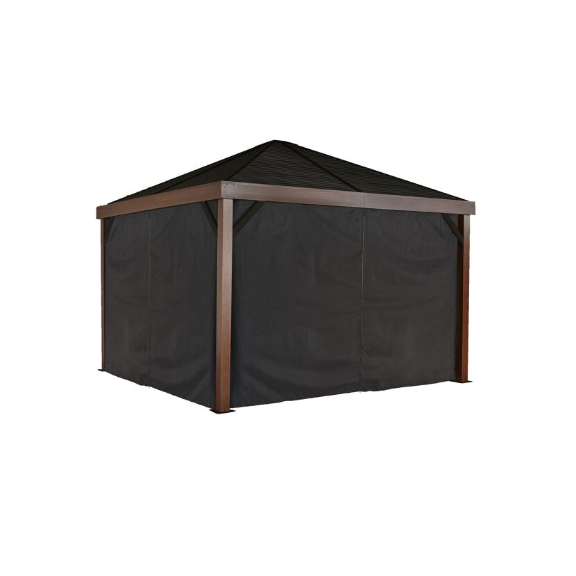 Pavillon Valencia mit dunkelgrauen Vorhängen