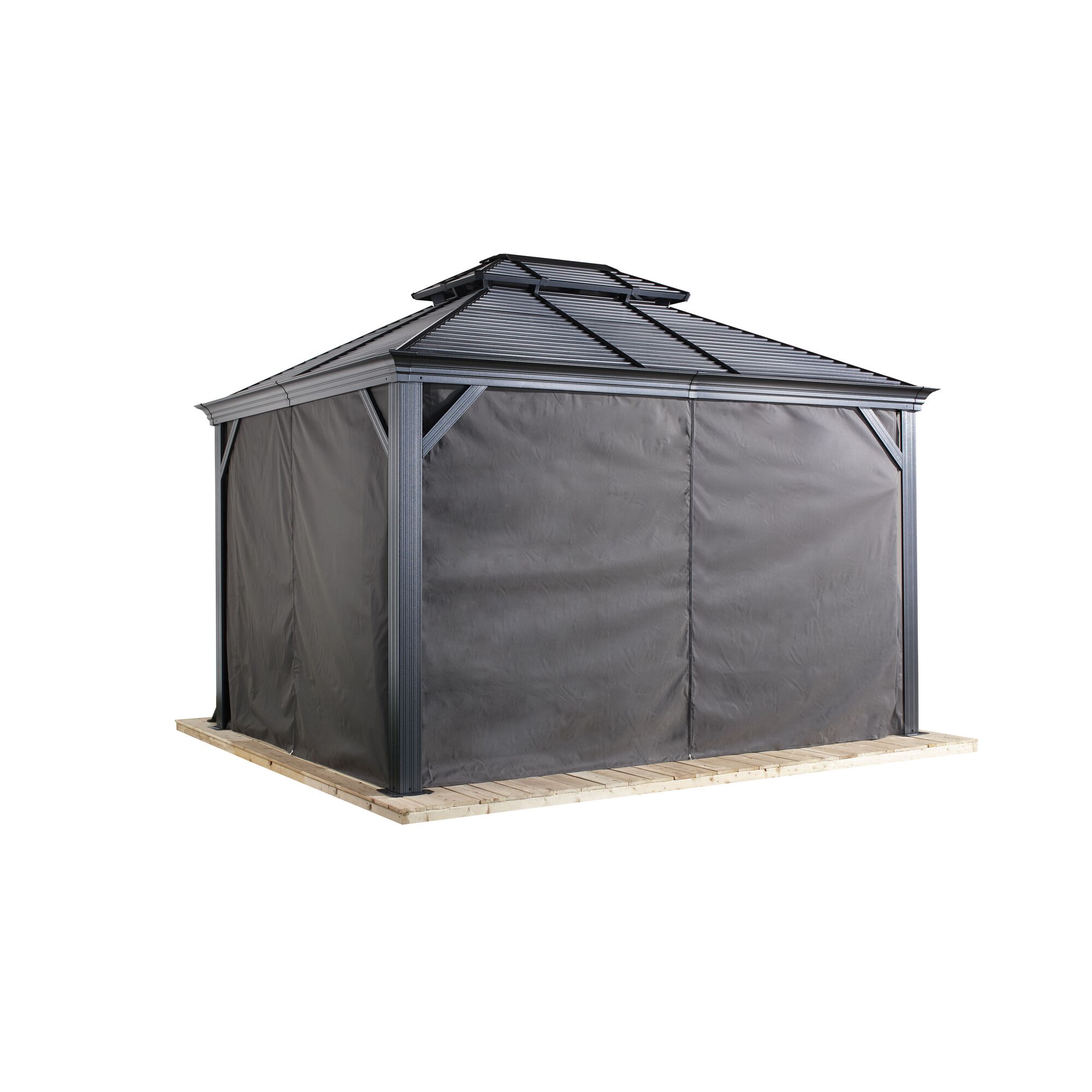 Pavillon mit dunkelgrauen Vorhängen