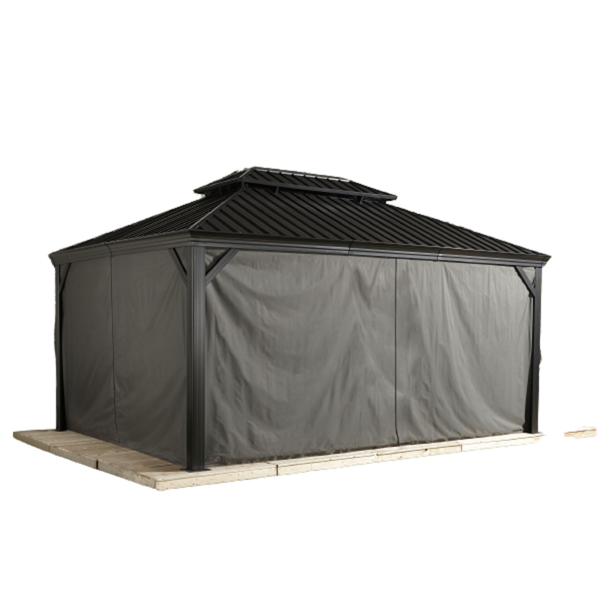 Pavillon Messina mit dunkelgrauen Vorhängen