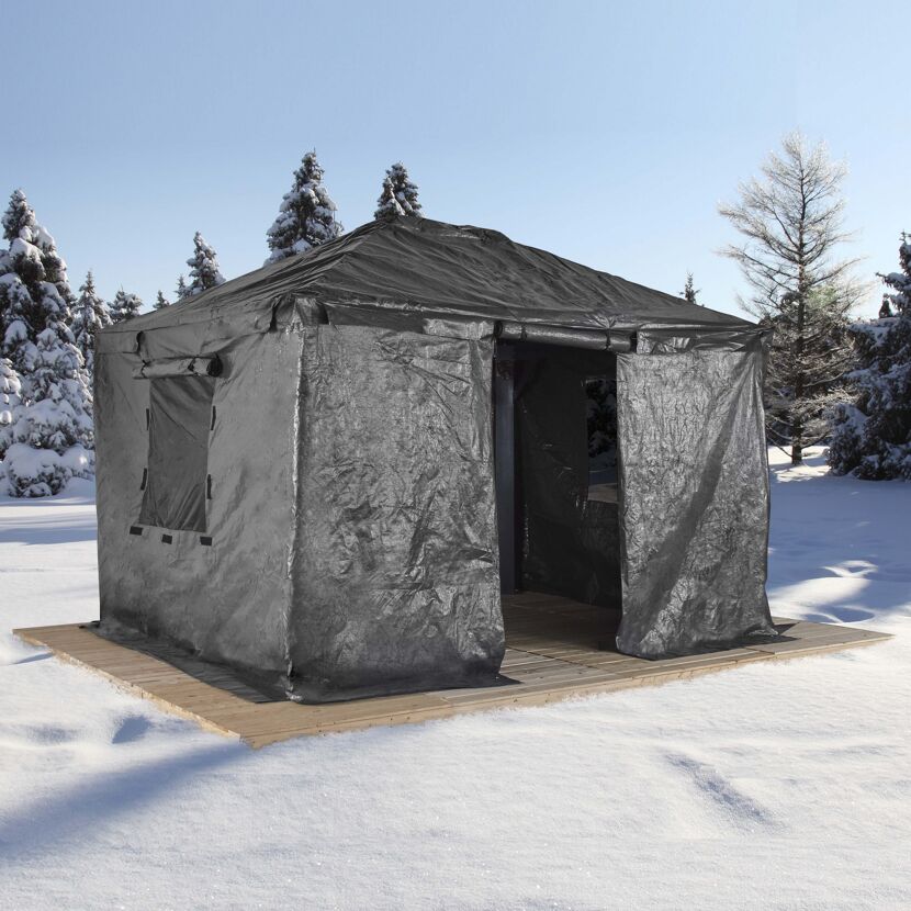 Winterabdeckung in grau für Pavillon im Schnee