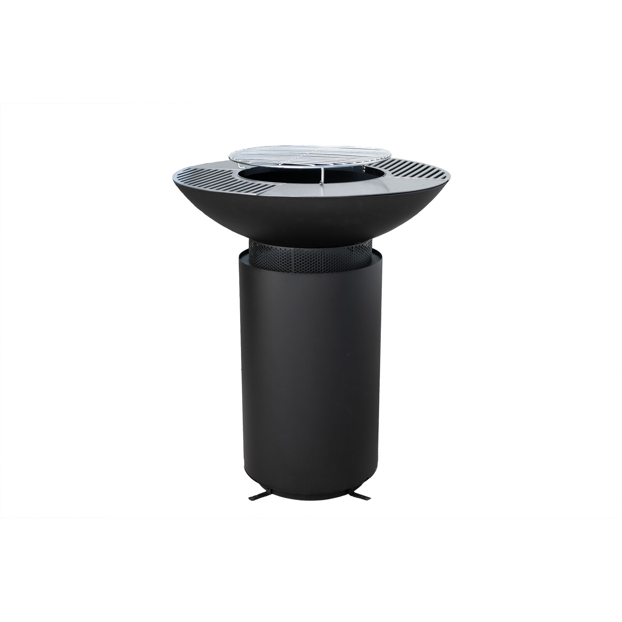 Schwarzer Grill mit Feuerplatte auf einem Standfuß