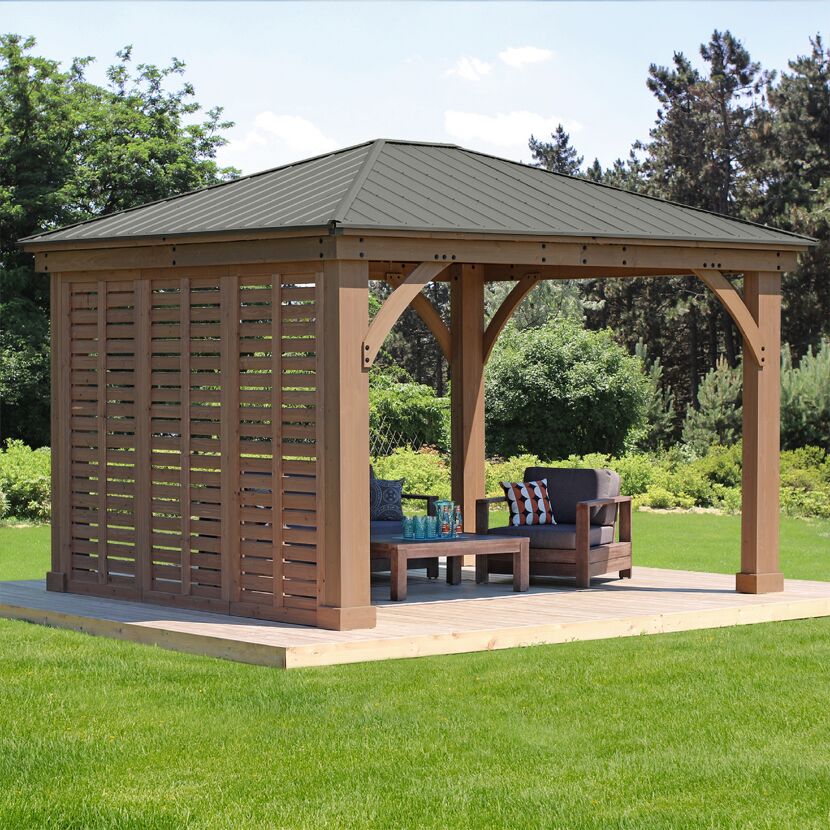 Pavillon mit grauen Dach und Seitenwand aus Holzlamellen