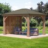 Pavillon mit Seitenwand und Gartenmöbeln auf Holzboden