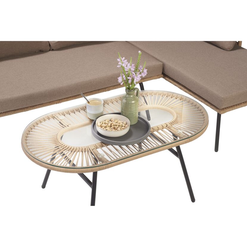 Rattan-Couchtisch mit Glasplatte