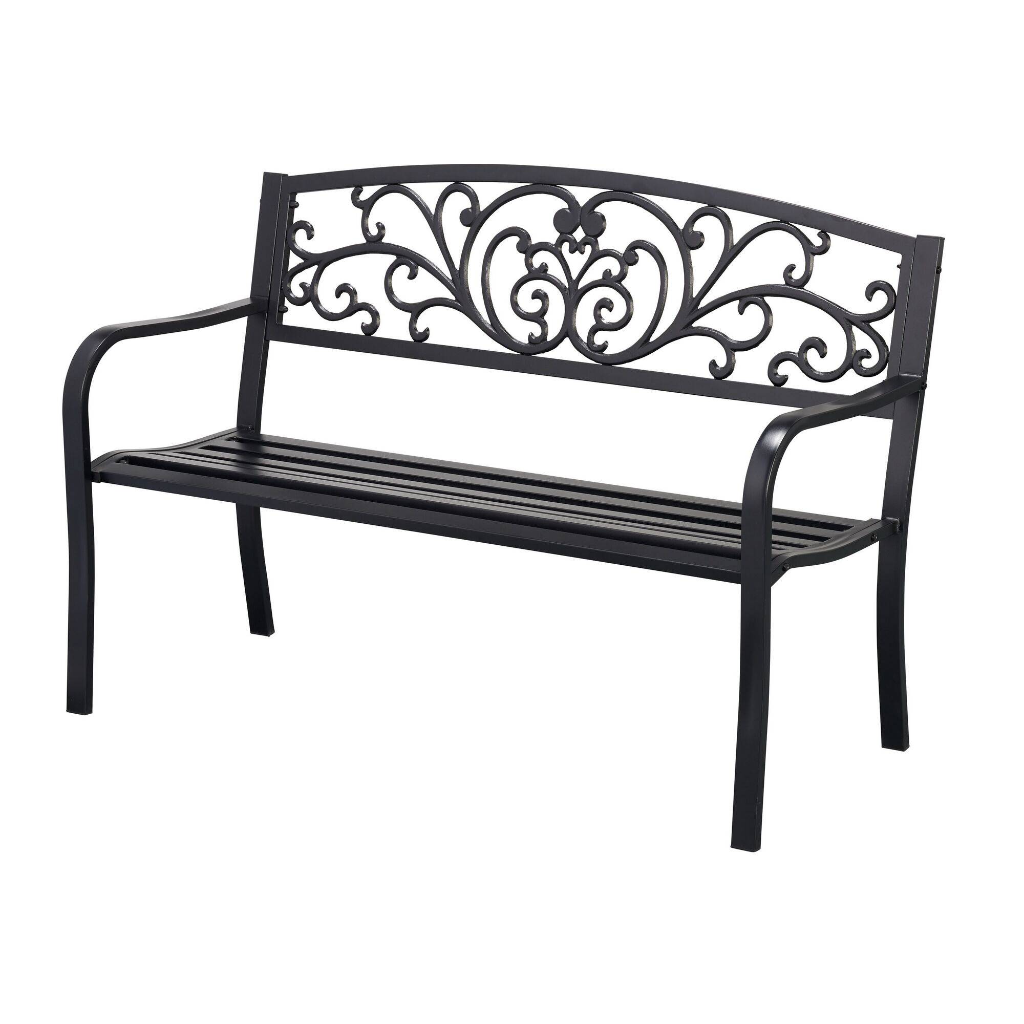 Schwarze Gartenbank mit Schnörkeln