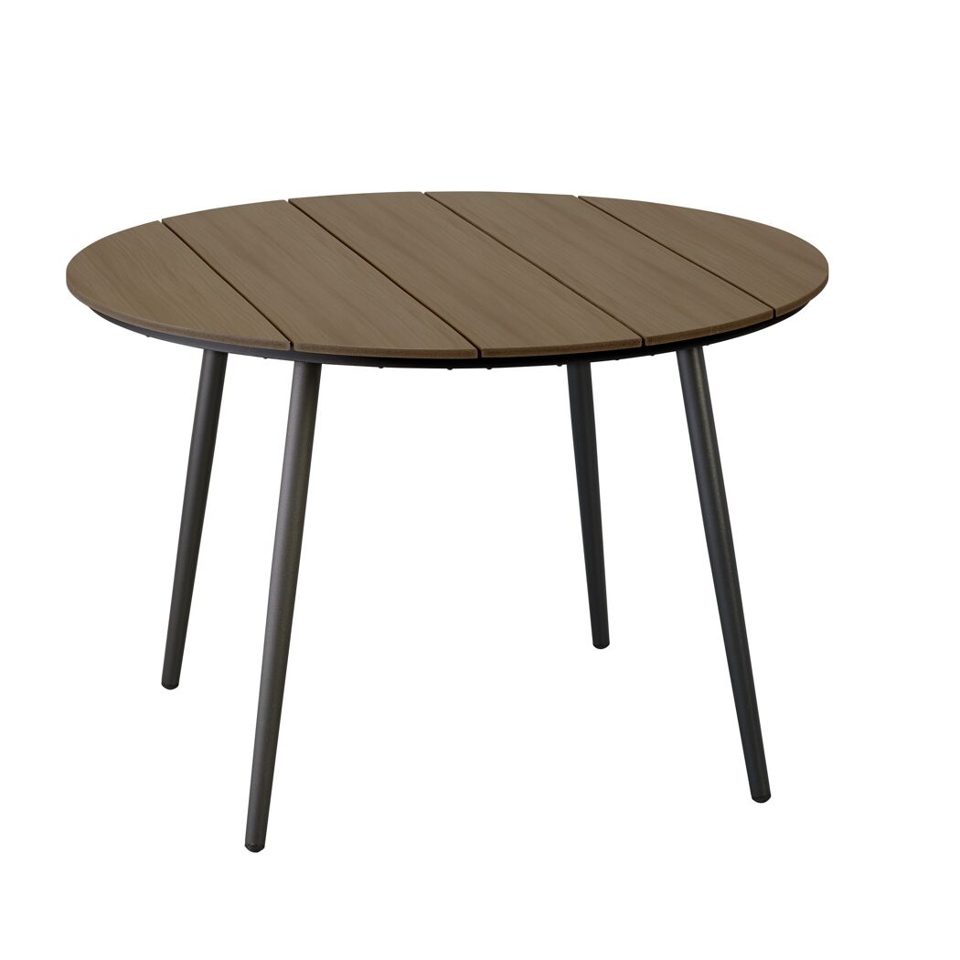 Runder Holztisch mit schwarzen Beinen