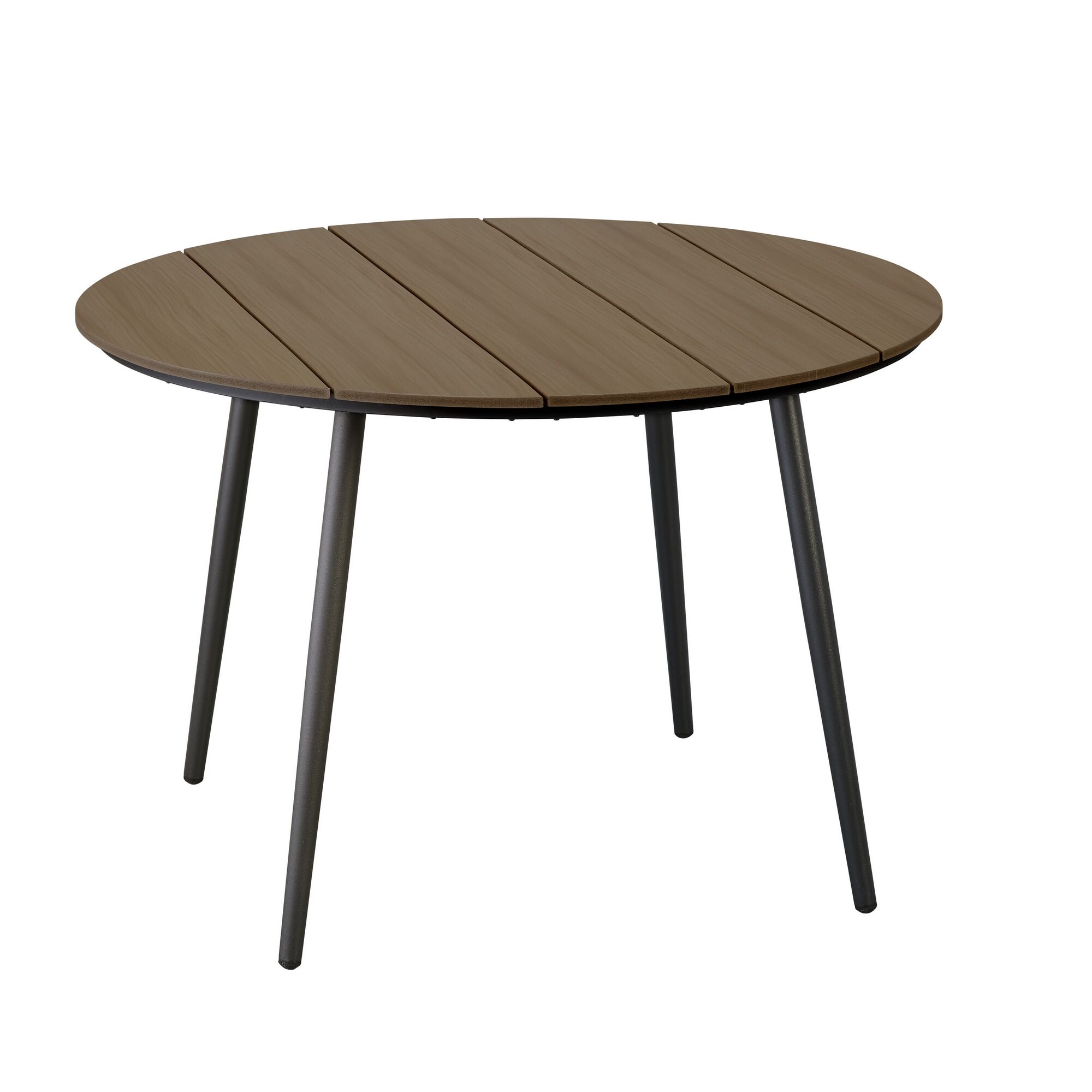 Runder Holztisch mit schwarzen Beinen